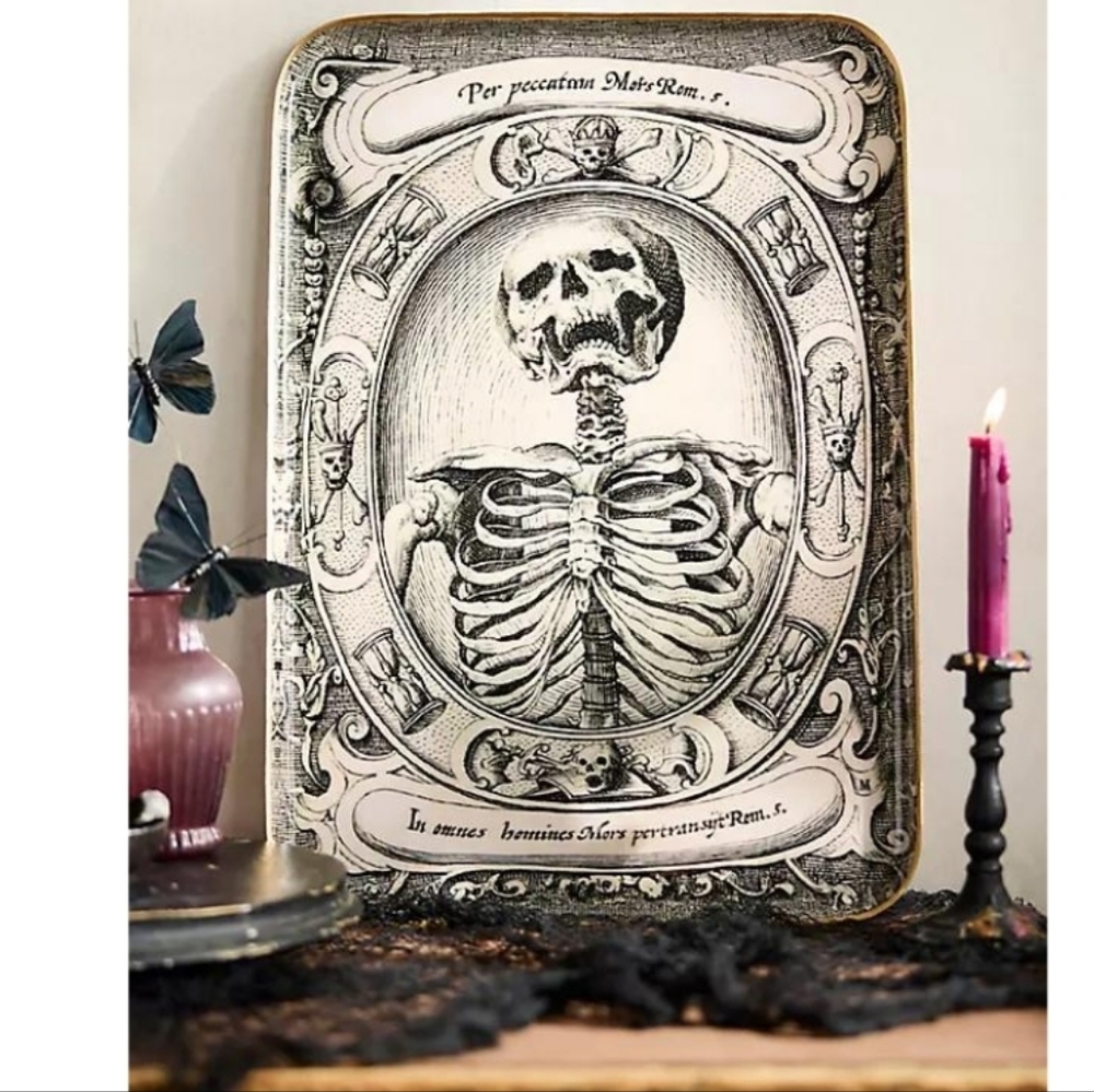 Anthropologie Memento Mori Skeleton Print Archival Handmade Enamel Tray Gothic
